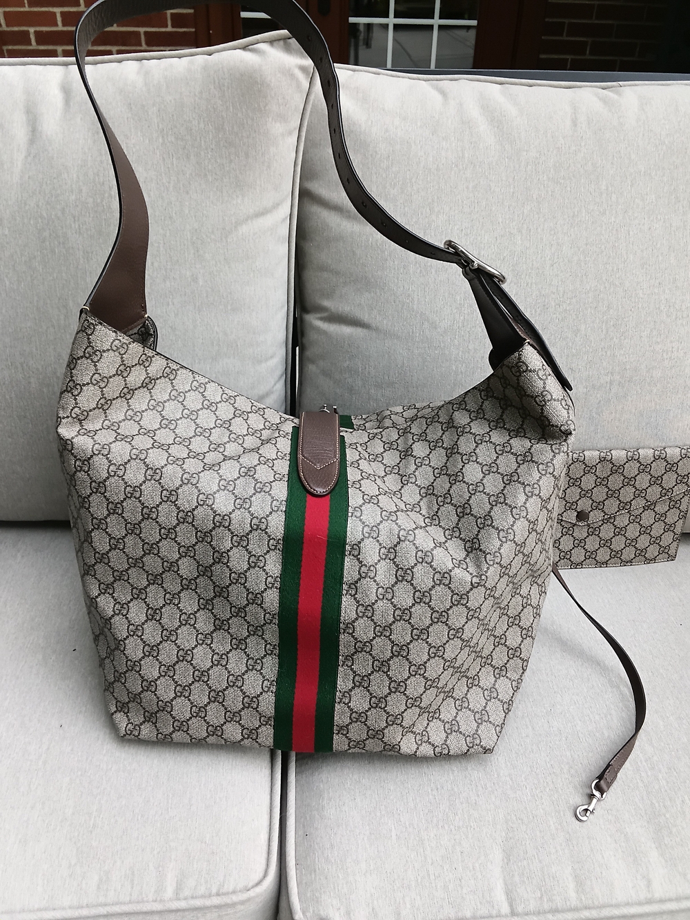 Gucci Beige/Gray Monogram Travel Tote with Green & Red Web Stripe - COA INCLUDED - Picture 2 of 16